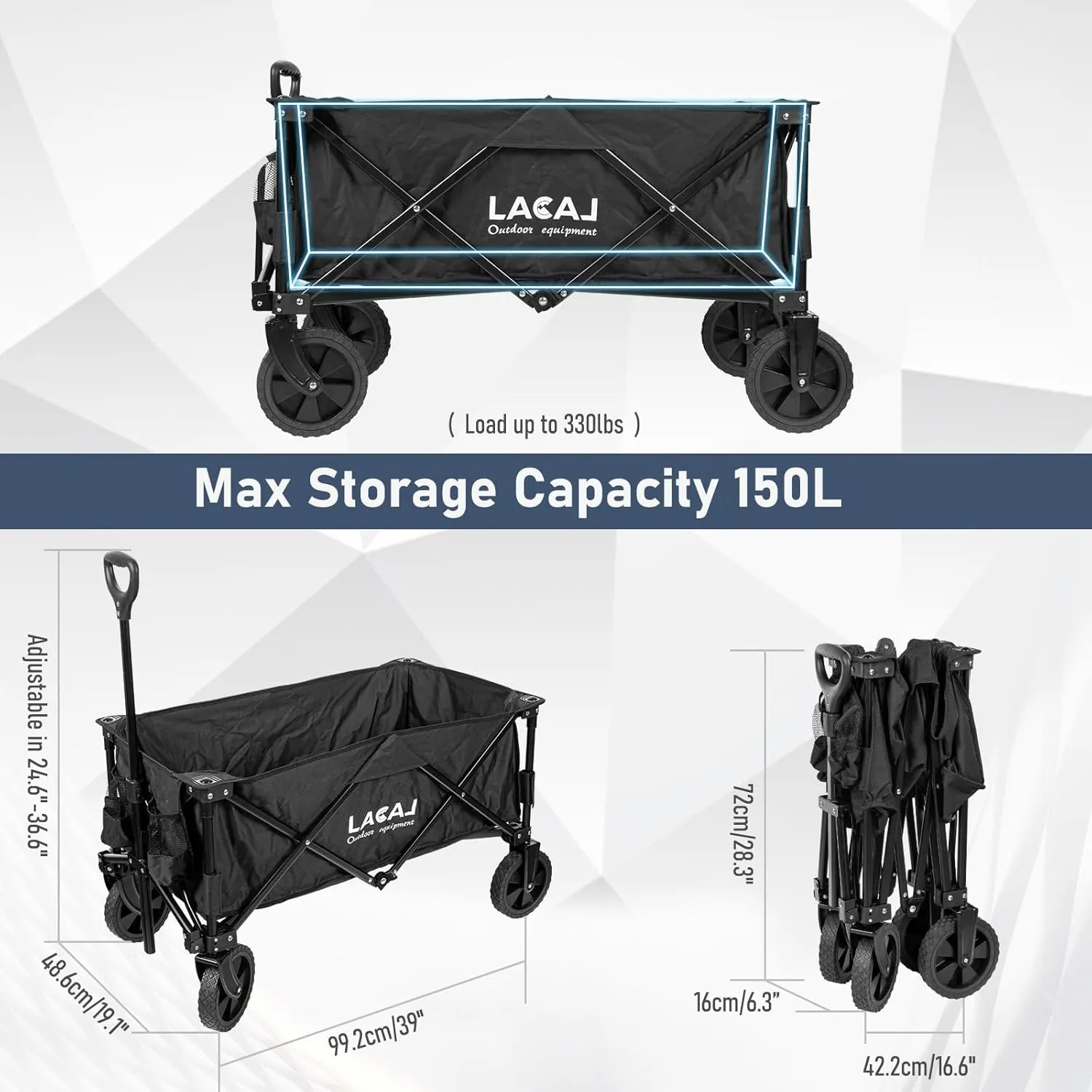Collapsible Folding Wagon, Heavy Duty Foldable Portable Wagon Cart with All Terrain Narrow Wheels for Outdoor Garden, Picnic, Beach, Sports, Camping (Black)