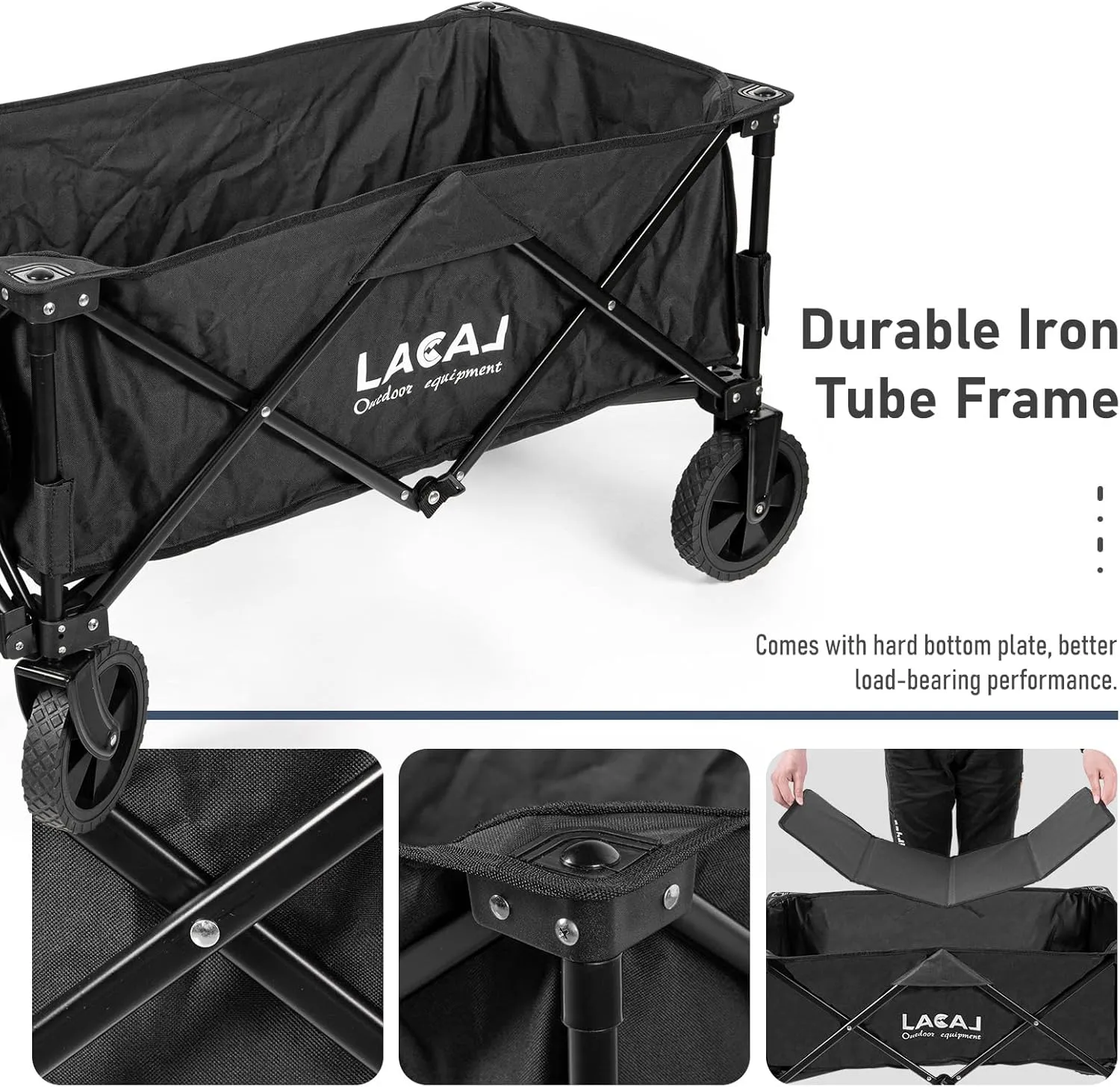 Collapsible Folding Wagon, Heavy Duty Foldable Portable Wagon Cart with All Terrain Narrow Wheels for Outdoor Garden, Picnic, Beach, Sports, Camping (Black)
