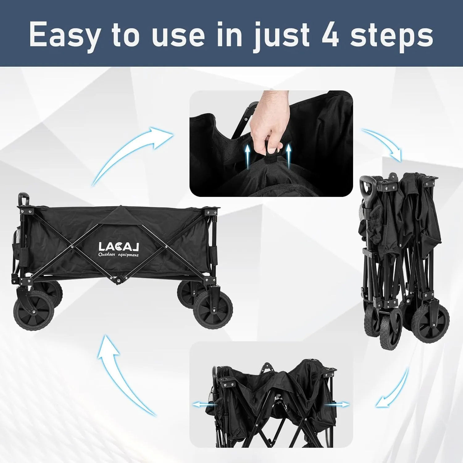 Collapsible Folding Wagon, Heavy Duty Foldable Portable Wagon Cart with All Terrain Narrow Wheels for Outdoor Garden, Picnic, Beach, Sports, Camping (Black)
