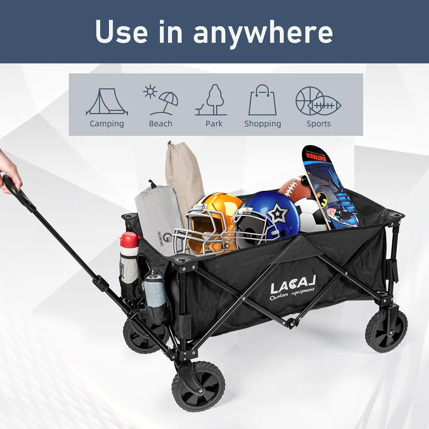 Collapsible Folding Wagon, Heavy Duty Foldable Portable Wagon Cart with All Terrain Narrow Wheels for Outdoor Garden, Picnic, Beach, Sports, Camping (Black)