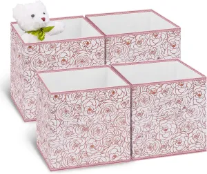 Collapsible Storage Cube Bins, 11 Inch Floral Cube Storage Bin, Fabric Cubby Organizer with Dual Handles and Tags For Nursery/Home Office/Closet/Kids Room/4-Pack(Flower Rosegold)