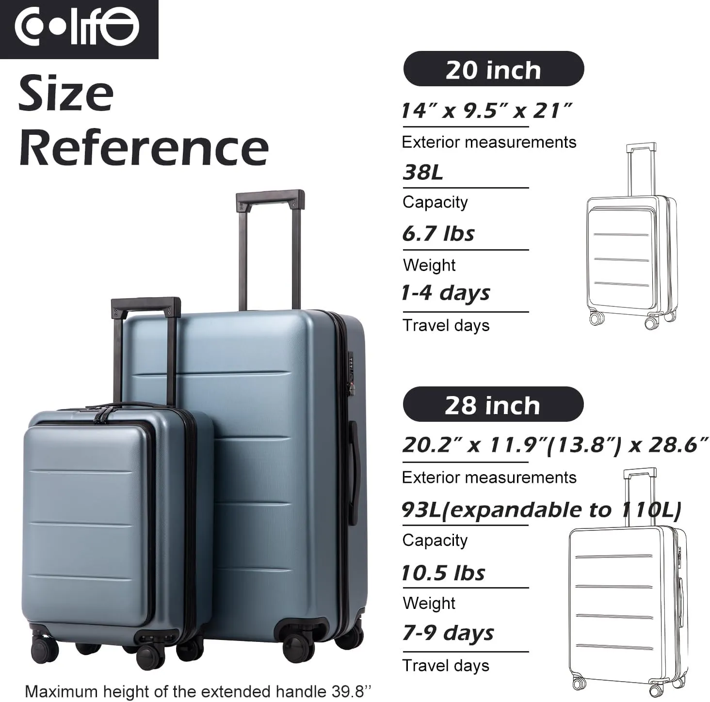 COOLIFE Luggage Suitcase Piece Set Carry On ABS PC Spinner Trolley with pocket Compartmnet Weekend Bag(Night navy, 2-piece Set)
