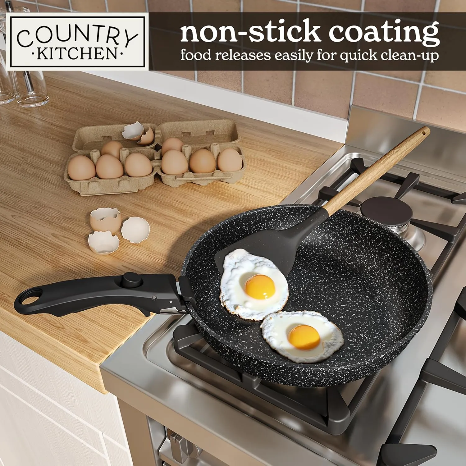 Country Kitchen Cookware Set with Removable Handle, Oven & RV Safe Pots and Pans Set, Black, Original