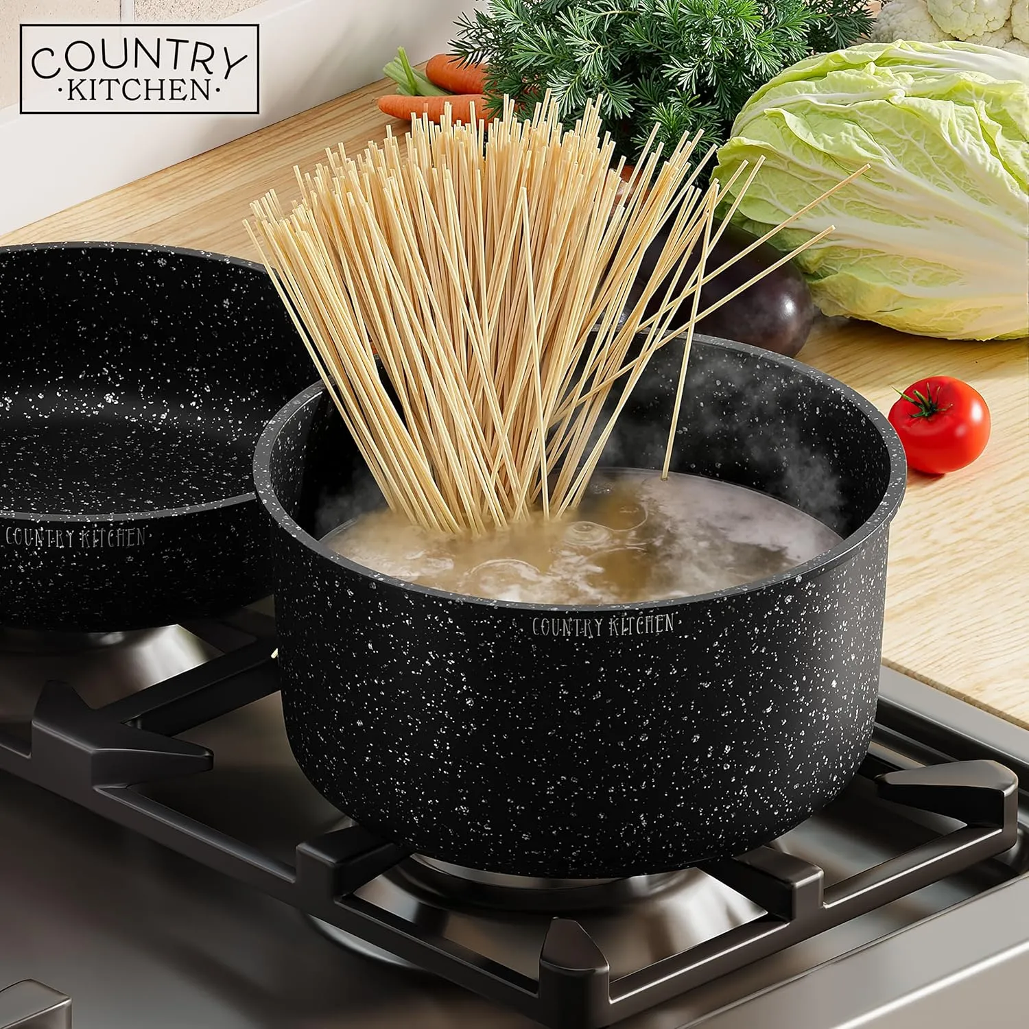 Country Kitchen Cookware Set with Removable Handle, Oven & RV Safe Pots and Pans Set, Black, Original