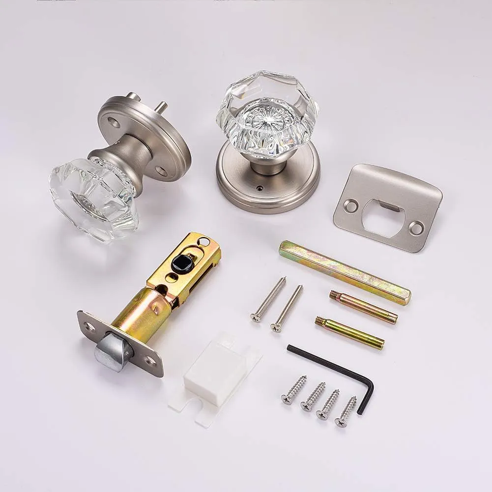 Crystal Glass Door Knobs Interior, Modern Bathroom Bedroom Door Knobs with Lock Privacy Function, Satin Nickel