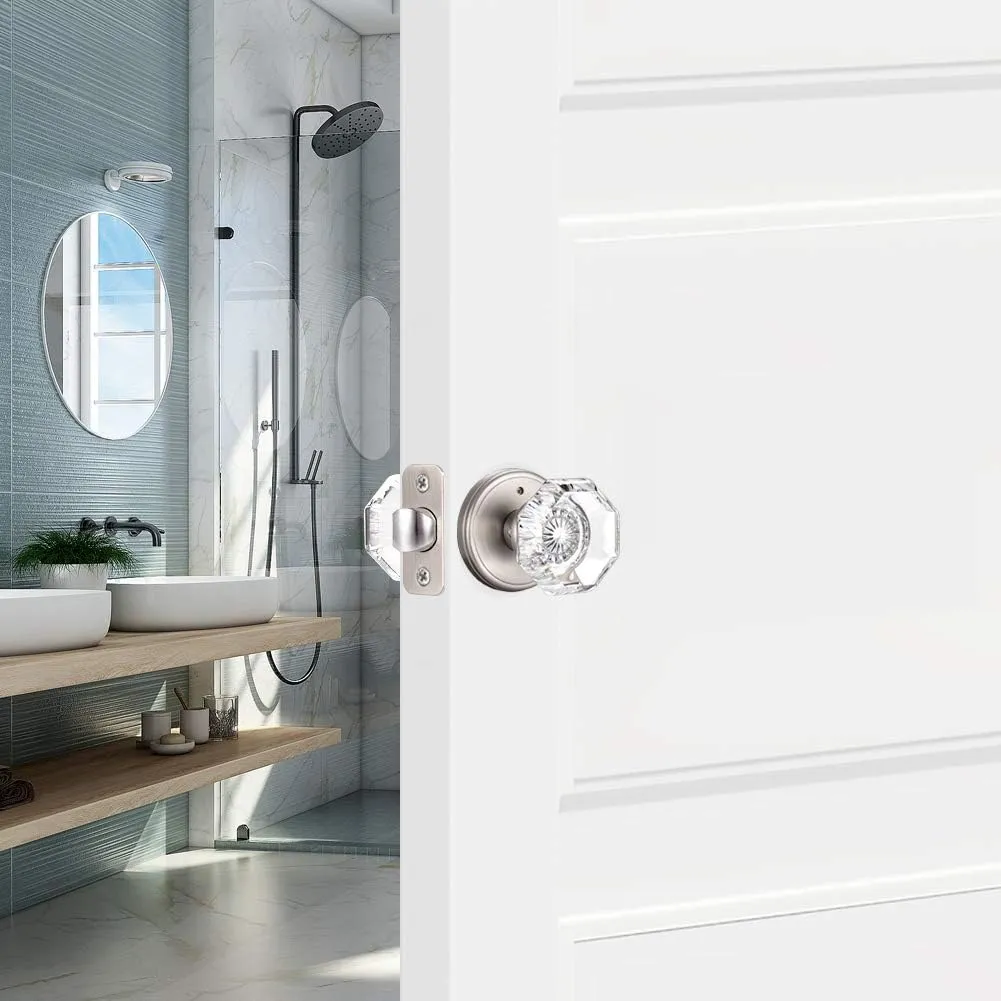 Crystal Glass Door Knobs Interior, Modern Bathroom Bedroom Door Knobs with Lock Privacy Function, Satin Nickel