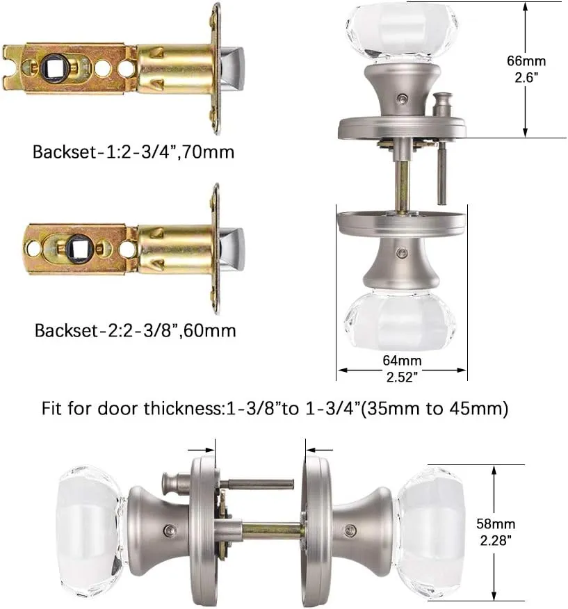 Crystal Glass Door Knobs Interior, Modern Bathroom Bedroom Door Knobs with Lock Privacy Function, Satin Nickel