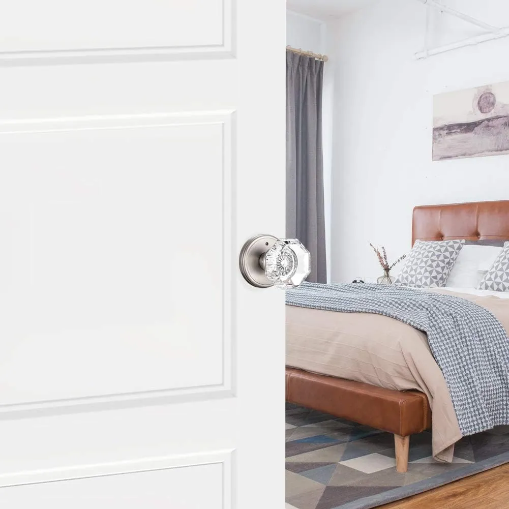 Crystal Glass Door Knobs Interior, Modern Bathroom Bedroom Door Knobs with Lock Privacy Function, Satin Nickel