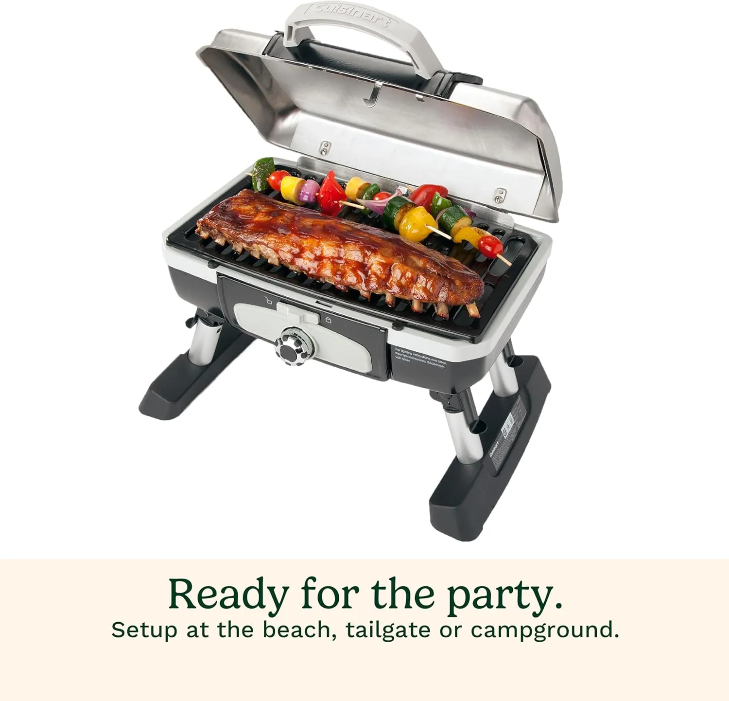 Cuisinart Petite Gourmet Portable Gas Grill, Compact & Lightweight Tabletop Small Grill for BBQs, Camping, Tailgates & Small Spaces, 5,500 BTU Burner Folding with Carry Handles, Stainless