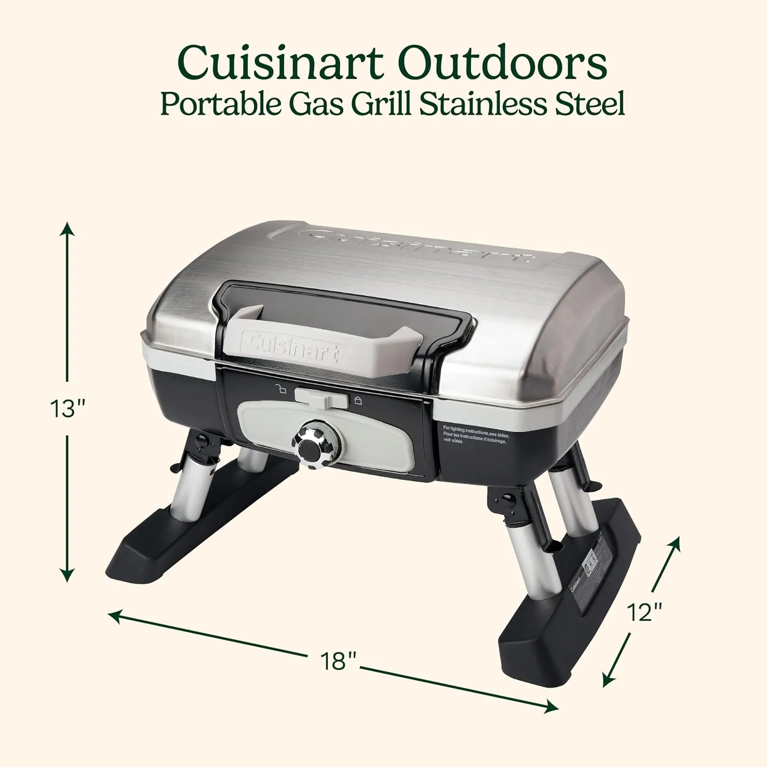 Cuisinart Petite Gourmet Portable Gas Grill, Compact & Lightweight Tabletop Small Grill for BBQs, Camping, Tailgates & Small Spaces, 5,500 BTU Burner Folding with Carry Handles, Stainless
