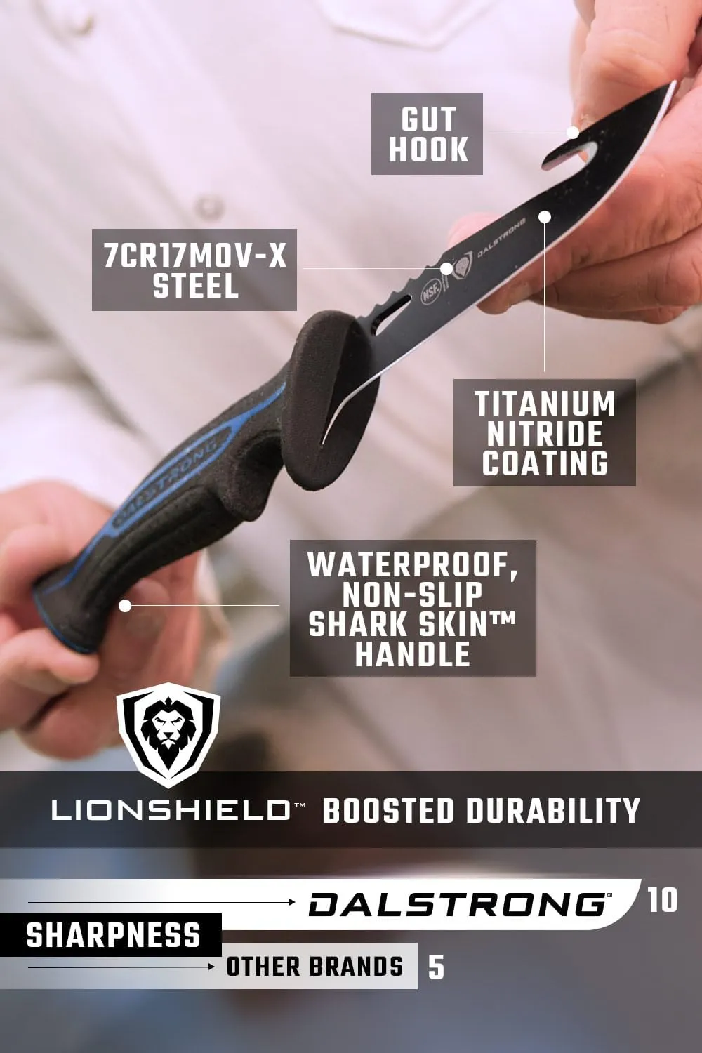 Dalstrong Gut Hook Fish Knife for Filleting and Cleaning - 5” - Night Shark Series - 7CR17MOV High Carbon Steel - Titanium Coated Blade- Polypropylene Handle - w/Sheath - NSF Certified
