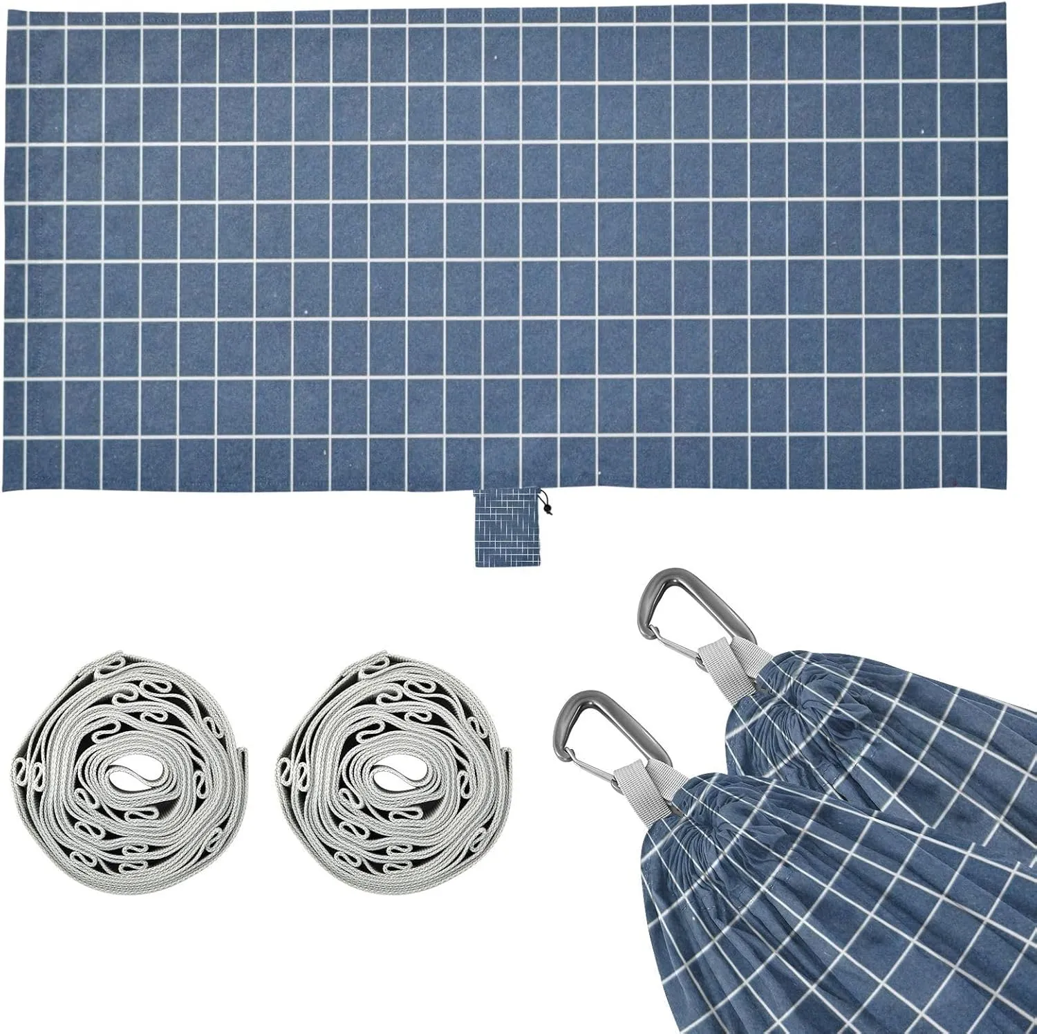 Dark Blue Grid Camping Hammock Single Portable Hammocks 330 lbs Capacity with 2 Tree Straps and Attached Carry Bag,Perfect for Outdoor,Indoor,Beach,Camping,Travel