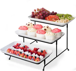 Delling 3 Tier Serving Tray for Dessert Table Display Set, 12 inch Tiered Serving Stand with Serving Dishes for Entertraining, Collapsible Sturdier Stand, White Serving Platters for Party Display Set