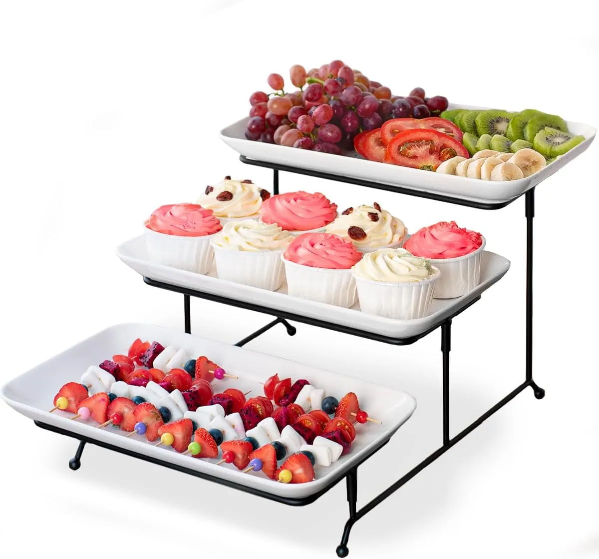 Delling 3 Tier Serving Tray for Dessert Table Display Set, 12 inch Tiered Serving Stand with Serving Dishes for Entertraining, Collapsible Sturdier Stand, White Serving Platters for Party Display Set