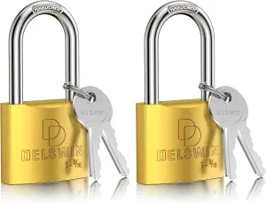 DELSWIN Weatherproof Padlock with Key (Keyed Alike) - Heavy Duty Solid Brass Locker Lock with 1-9/16" Long Shackle, Marine Grade Pad Lock for Outdoor Gate, Fence, Shed (2 Pack)