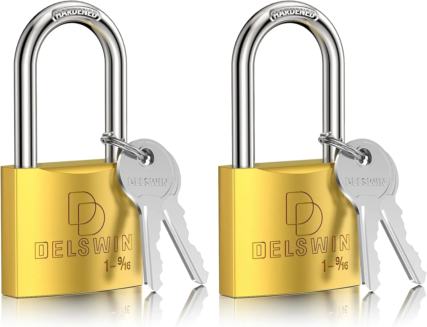 DELSWIN Weatherproof Padlock with Key (Keyed Alike) - Heavy Duty Solid Brass Locker Lock with 1-9/16" Long Shackle, Marine Grade Pad Lock for Outdoor Gate, Fence, Shed (2 Pack)