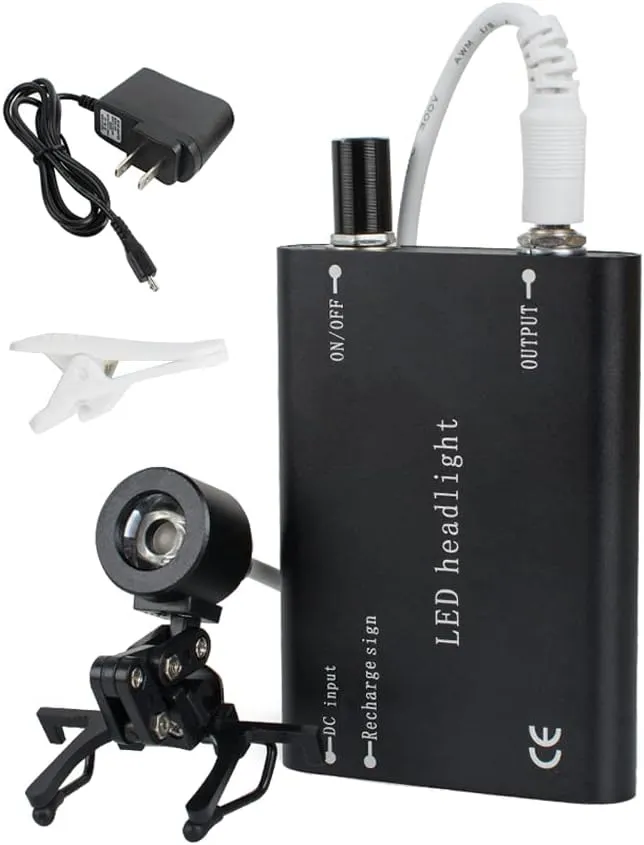Dental Headlight, Portable LED Headlamp Surgical Medical Head Light Lamp, High Brightness Dentist Light with Rechargeable Battery Universal Clamp for Loupes Glasses (Black)
