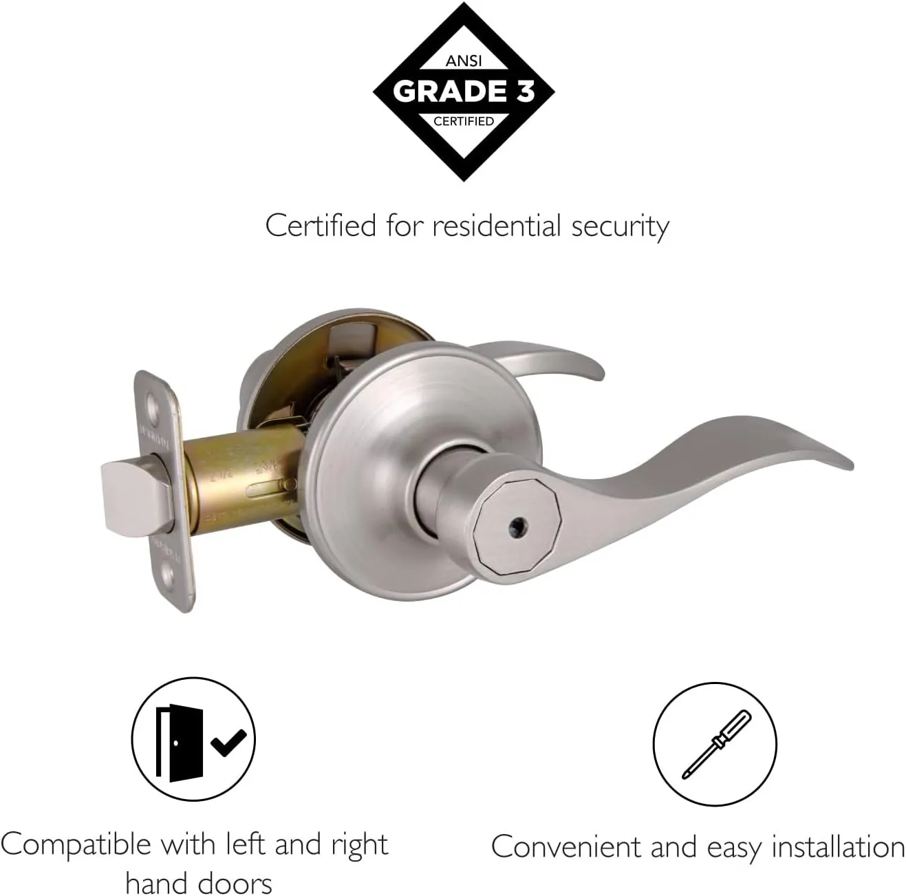 Design House Springdale Privacy Door Lever for Bedrooms and Bathrooms, Fits Standard Doors, Satin Nickel, 700492