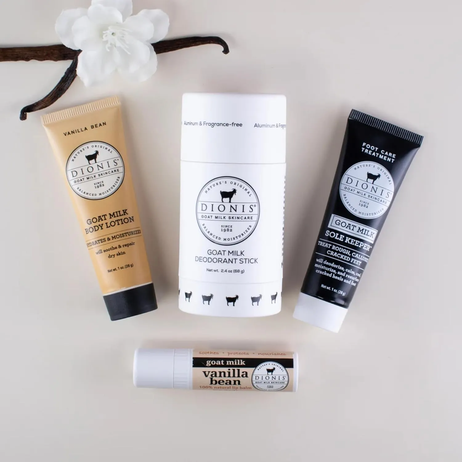 Dionis Goat Milk Vanilla Bean Core Body Care Bundle - Travel Size Scented Lip Balm, Sole Keeper Foot Cream for Dry Feet, Mini Hydrating Lotion & Full Size Aluminum Free Deodorant Stick