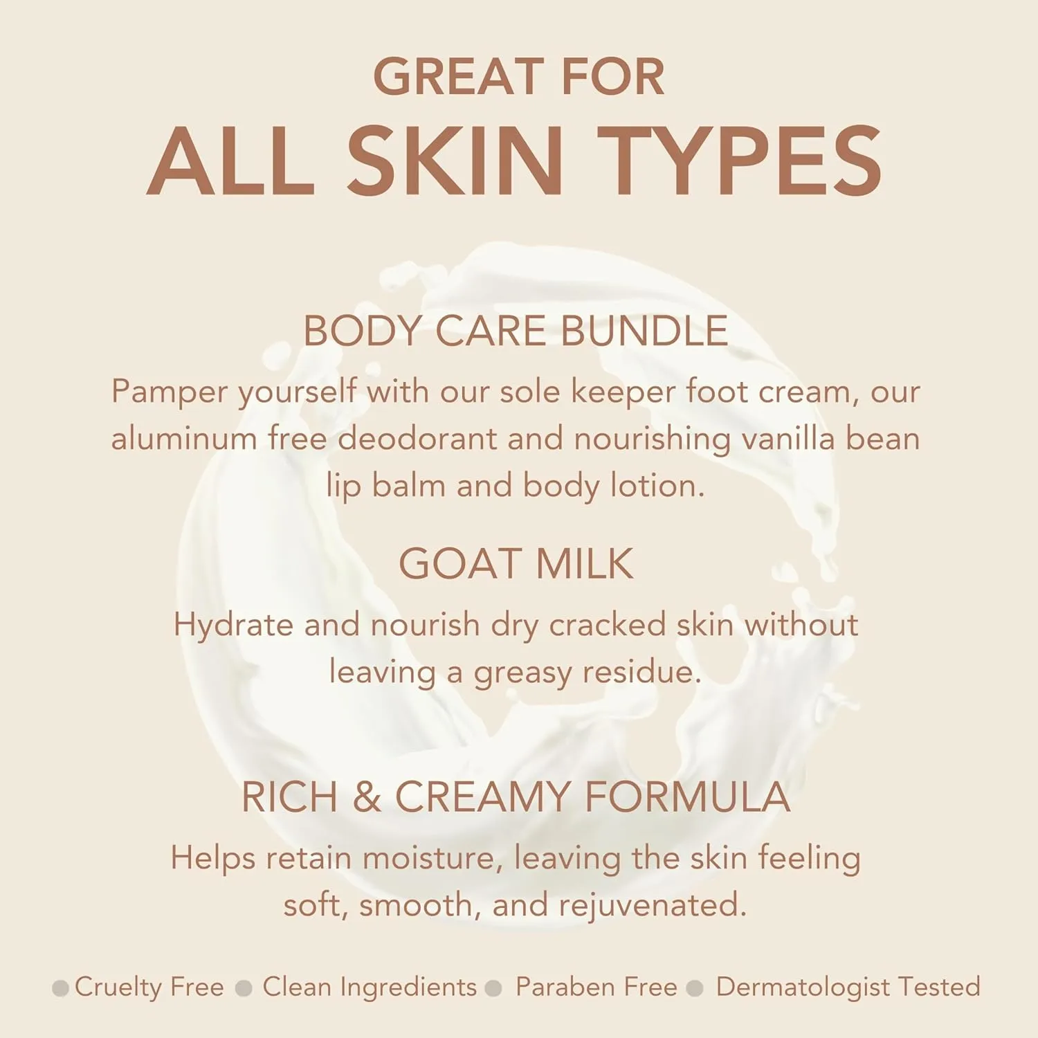 Dionis Goat Milk Vanilla Bean Core Body Care Bundle - Travel Size Scented Lip Balm, Sole Keeper Foot Cream for Dry Feet, Mini Hydrating Lotion & Full Size Aluminum Free Deodorant Stick