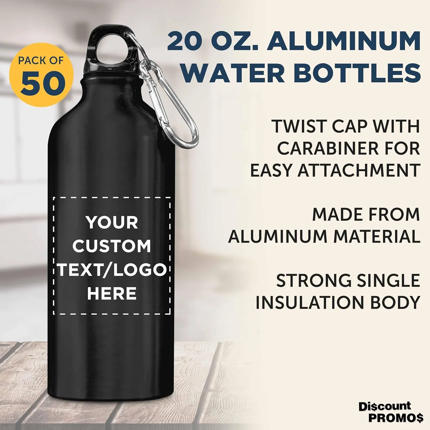 DISCOUNT PROMOS Custom Aluminum Water Bottles 20 oz. Set of 50, Personalized Bulk Pack - Perfect for Gym, Hiking, Any Indoor/Outdoor Activities - Black