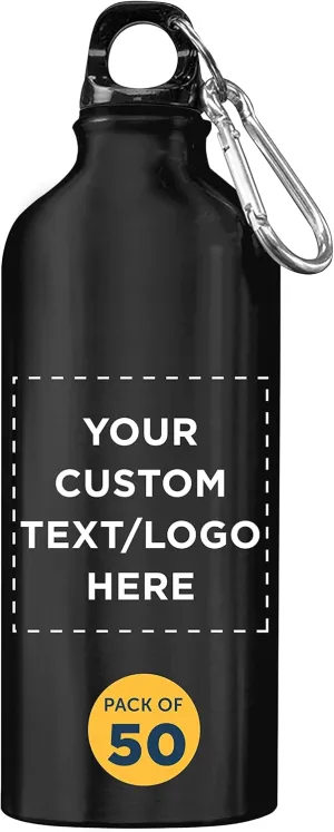 DISCOUNT PROMOS Custom Aluminum Water Bottles 20 oz. Set of 50, Personalized Bulk Pack - Perfect for Gym, Hiking, Any Indoor/Outdoor Activities - Black