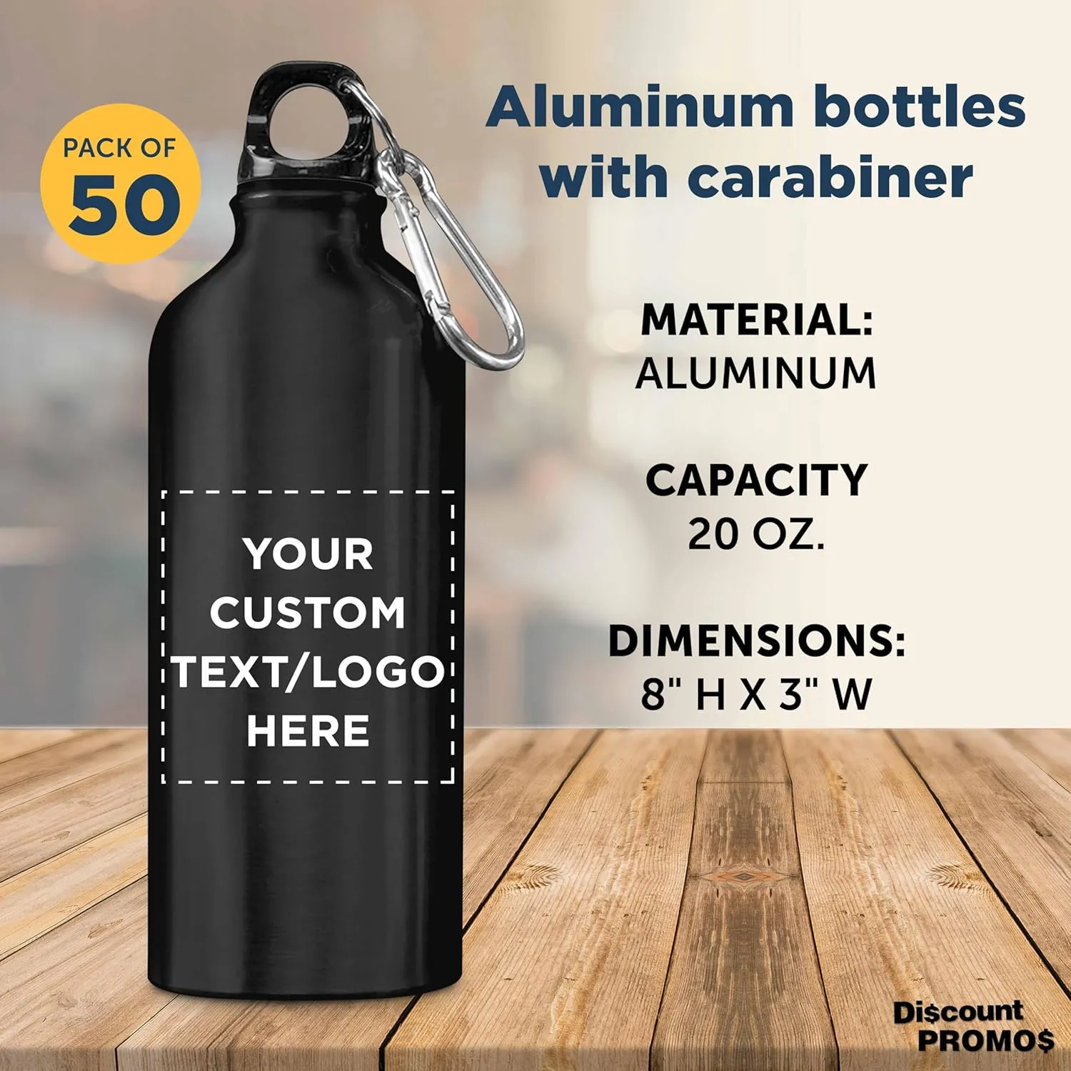 DISCOUNT PROMOS Custom Aluminum Water Bottles 20 oz. Set of 50, Personalized Bulk Pack - Perfect for Gym, Hiking, Any Indoor/Outdoor Activities - Black