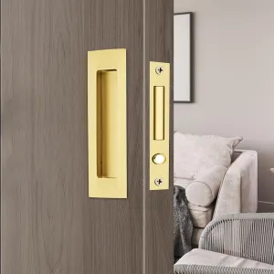 Dontay Sliding Pocket Door Handles, 304 Stainless Steel Non Locking Pocket Door Hardware, Recessed Flush Finger Pulls, Heavy Duty Edge Pull with Pop Out Ring Pull (Satin Brass (2 Set), 6 inch)