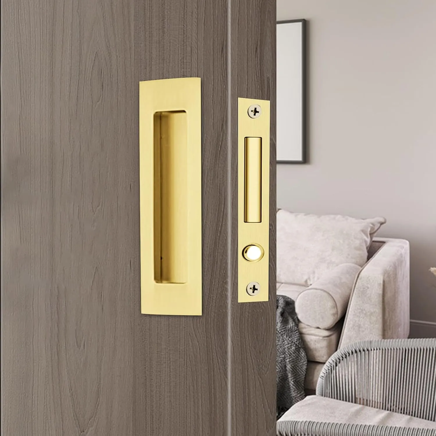Dontay Sliding Pocket Door Handles, 304 Stainless Steel Non Locking Pocket Door Hardware, Recessed Flush Finger Pulls, Heavy Duty Edge Pull with Pop Out Ring Pull (Satin Brass (2 Set), 6 inch)
