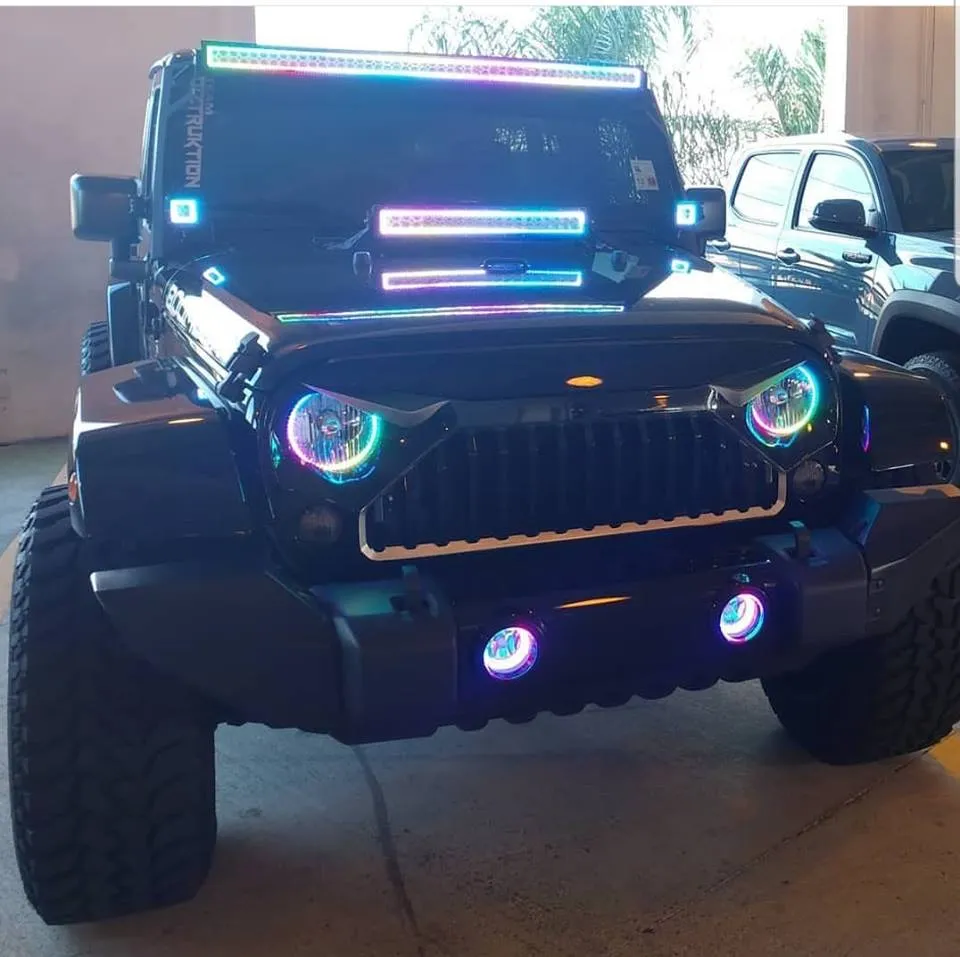DOT Approved Nicoko Bluetooth app control 7" LED RGB Headlight Headlamp Flashing Muticolor RGB Chasing Angel Eye Halo with Music Function for Wrangler JK LJ CJ TJ Rubicon