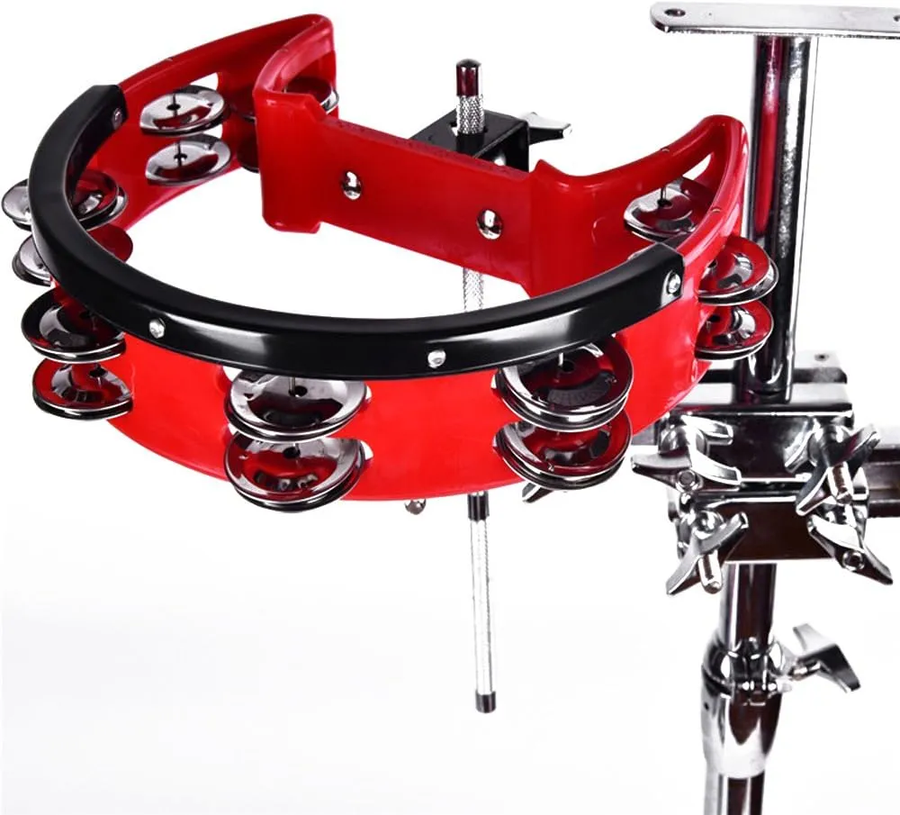 Drum Set Tambourine with Mounting Eye Bolt,Hi Hat tambourine(Black,Red) (8 double rows of jingles, Red)