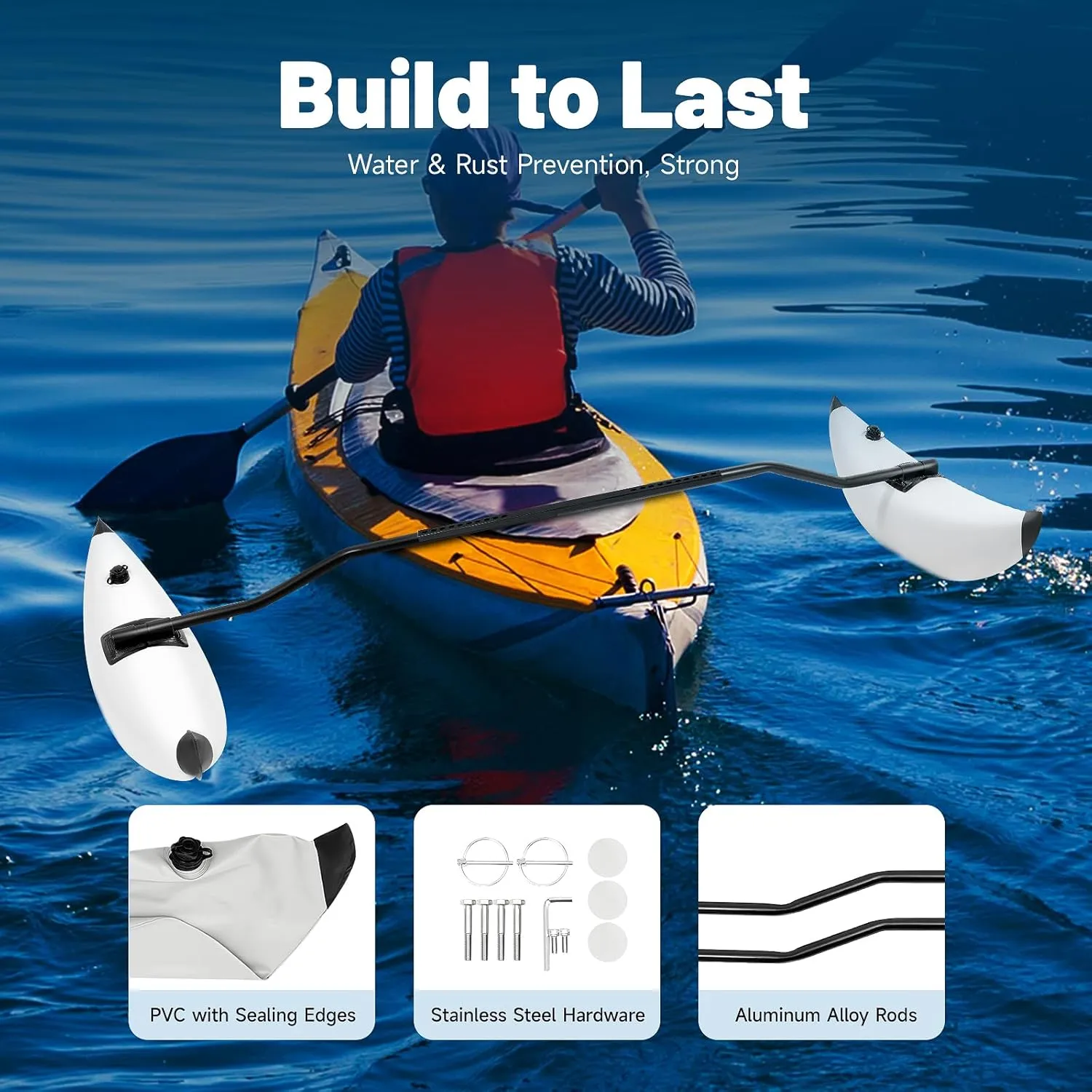 DYRABREST 2pcs Kayak Stabilizer, Kayak Stabilization Outrigger Kayak PVC Inflatable Outrigger Float with Sidekick Arms Rod Boat Fishing Standing Float Stabilizer System Set