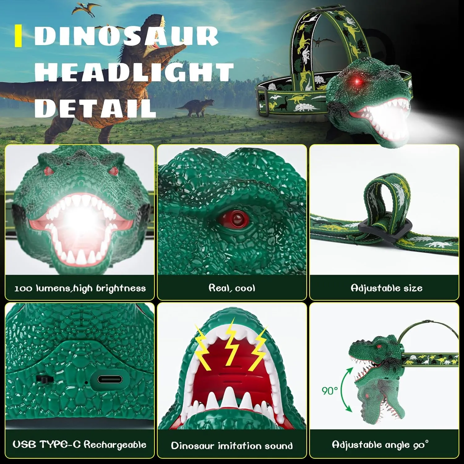 Dysaim Kids Headlamp,Rechargeable T-Rex Dinosaur Headlamp for Kids and LED Head Lamp Camping Gear Flashlight,Hiking Accessories Headlight Toys,Four Light Modes Suitable for Reading/Party Gift