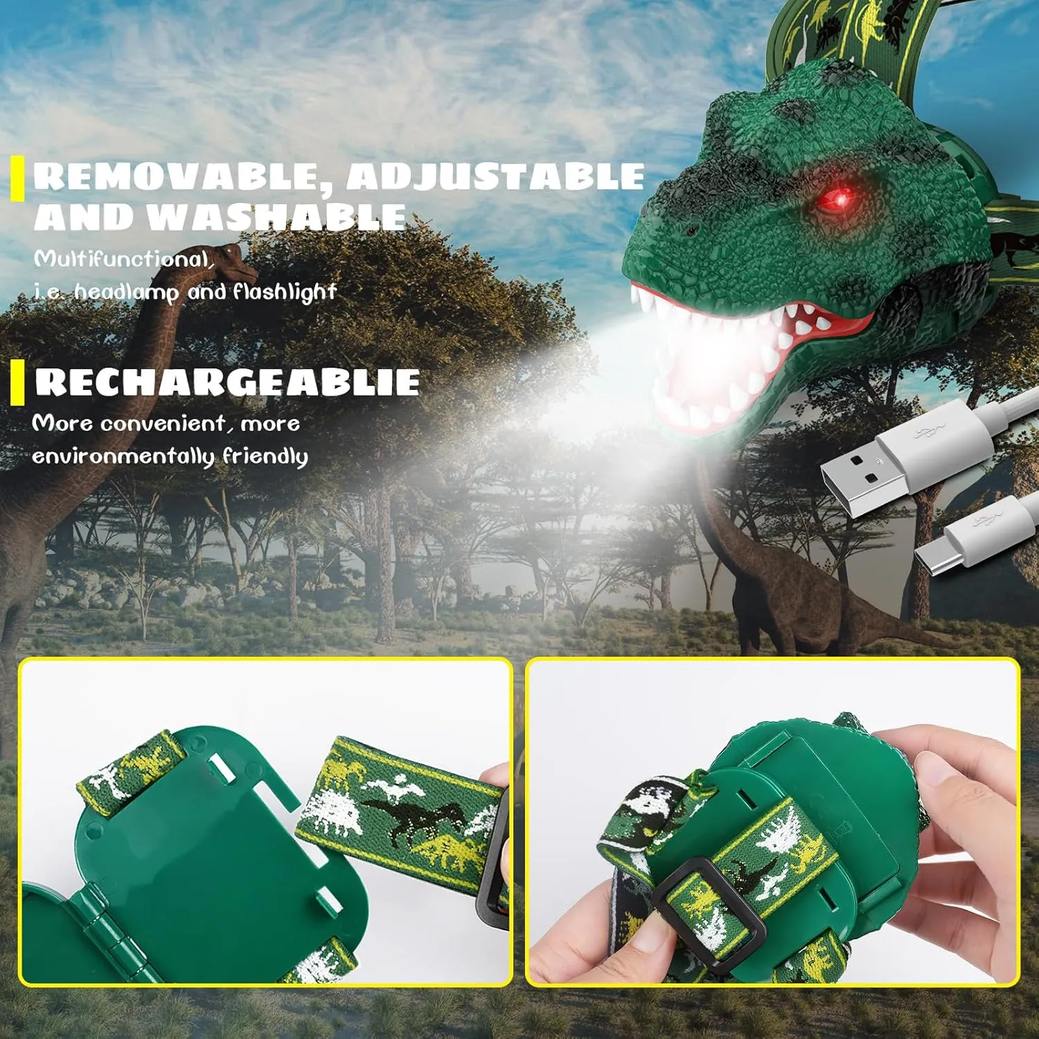 Dysaim Kids Headlamp,Rechargeable T-Rex Dinosaur Headlamp for Kids and LED Head Lamp Camping Gear Flashlight,Hiking Accessories Headlight Toys,Four Light Modes Suitable for Reading/Party Gift