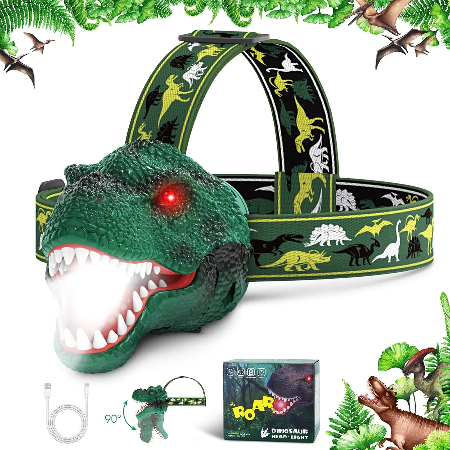 Dysaim Kids Headlamp,Rechargeable T-Rex Dinosaur Headlamp for Kids and LED Head Lamp Camping Gear Flashlight,Hiking Accessories Headlight Toys,Four Light Modes Suitable for Reading/Party Gift