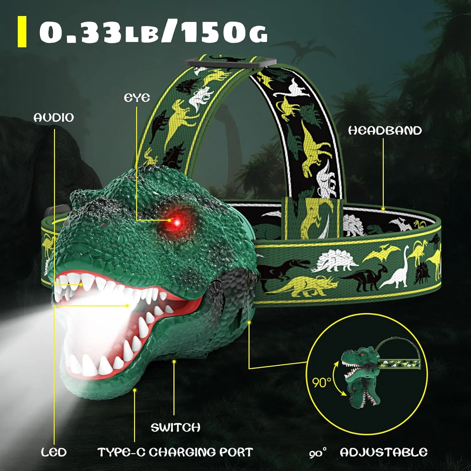 Dysaim Kids Headlamp,Rechargeable T-Rex Dinosaur Headlamp for Kids and LED Head Lamp Camping Gear Flashlight,Hiking Accessories Headlight Toys,Four Light Modes Suitable for Reading/Party Gift