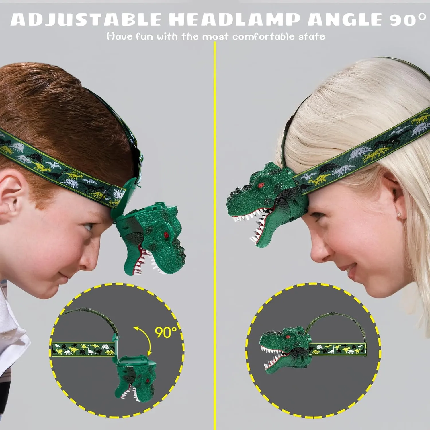 Dysaim Kids Headlamp,Rechargeable T-Rex Dinosaur Headlamp for Kids and LED Head Lamp Camping Gear Flashlight,Hiking Accessories Headlight Toys,Four Light Modes Suitable for Reading/Party Gift