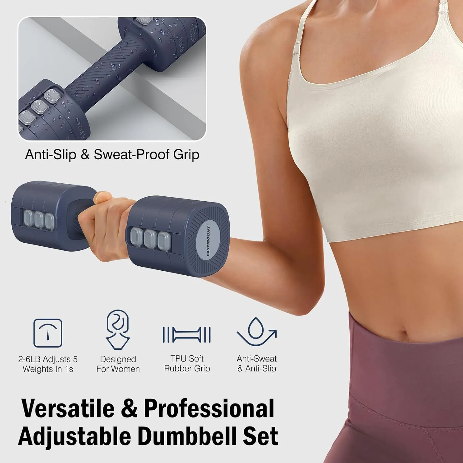 EAST MOUNT Adjustable Weight Dumbbells Set of 2, 8 in 1 Hand Weights for Women 2lb/3lb/4lb/5lb/6lb Dumbbell Weights Set 12 lbs/Pair Hand Weights for Home Office Gym Workout