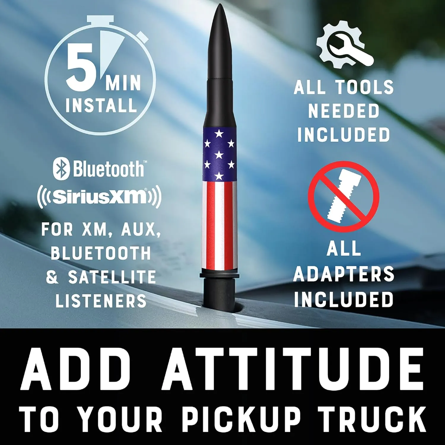 EcoAuto Badass 50 Cal Bullet Antenna Replacement Fits All Chevy & GMC Truck Model Years - Car Antenna Replacement - Military Grade Aluminum - Anti Chip & Anti Theft Design (American Flag)