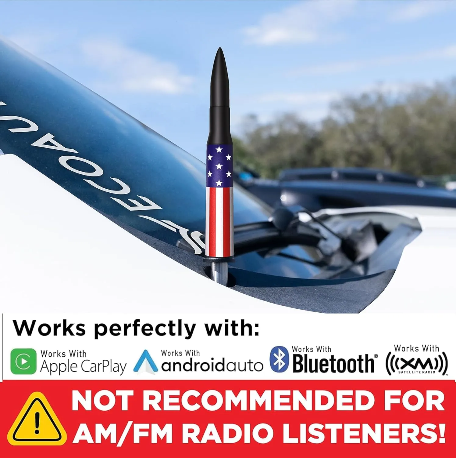 EcoAuto Badass 50 Cal Bullet Antenna Replacement Fits All Chevy & GMC Truck Model Years - Car Antenna Replacement - Military Grade Aluminum - Anti Chip & Anti Theft Design (American Flag)