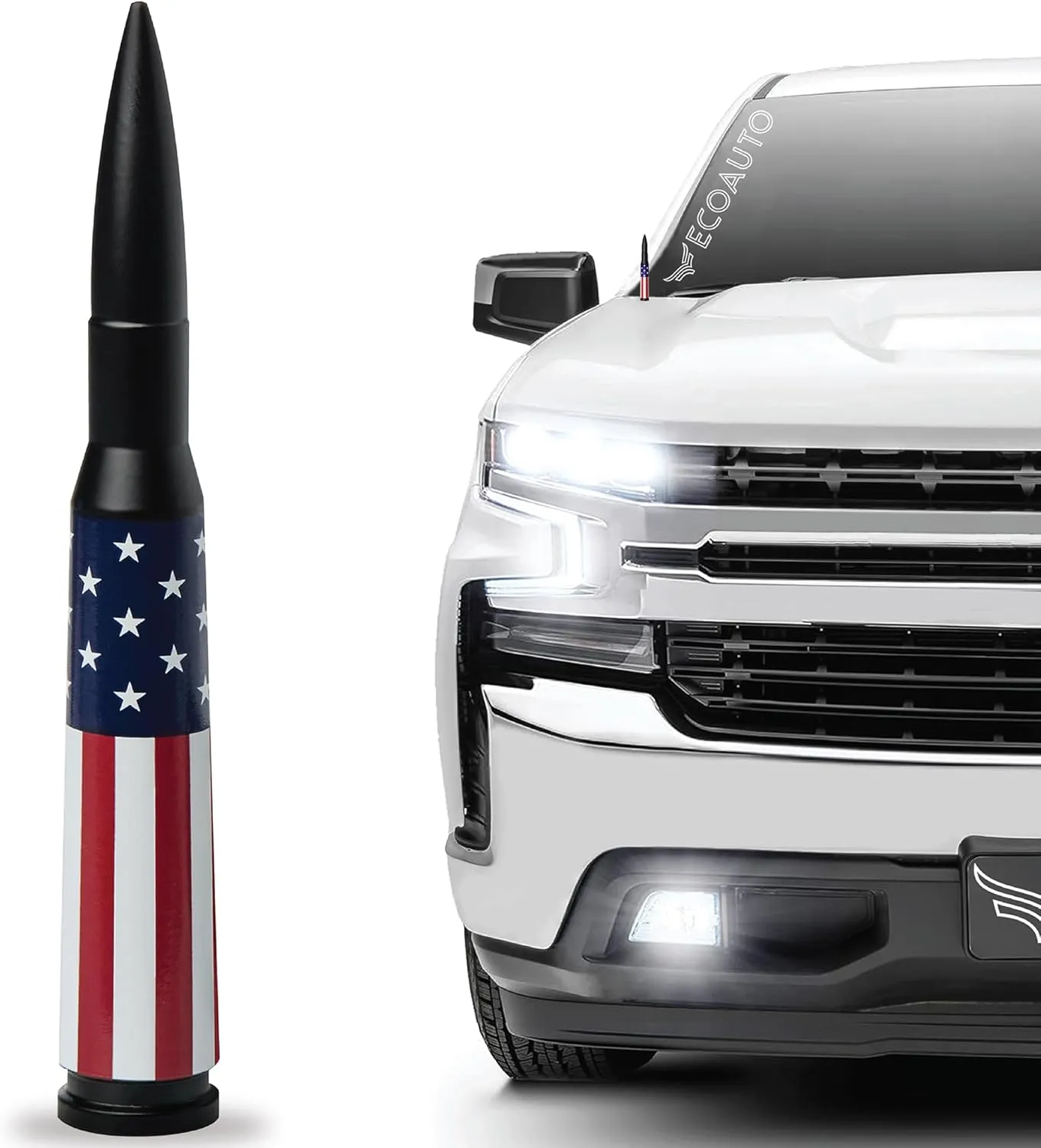 EcoAuto Badass 50 Cal Bullet Antenna Replacement Fits All Chevy & GMC Truck Model Years - Car Antenna Replacement - Military Grade Aluminum - Anti Chip & Anti Theft Design (American Flag)