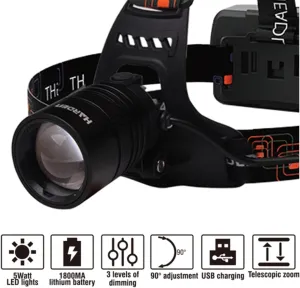 Edward LED Headlamp Flashlight with Rechargeable Battery - Telescopic Zoom Between Floodlight and Spot Light - Angle Adjust - Waterproof for Camping, Biking, Hunting, Hiking