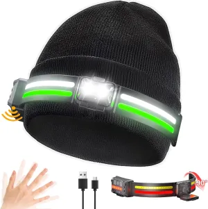EGUKU Rechargeable Headlamp Beanie, 1200Lumens Bright Beanie with Light, 260°Wide Beam Unisex Hat Headlamp 14 Light Modes, Motion Sensor Hat with Red&Green Light 5oz Lightweight for Women Men
