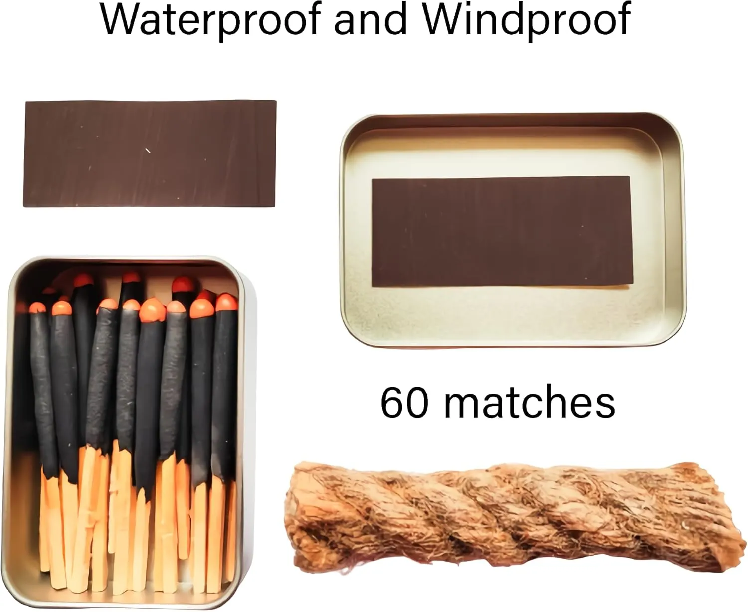 Emergency Fire Starter Kit – 20 Waterproof Windproof 3“ Matches in Tin Can   Wax Infused Hemp Cord, Burns Underwater & After Burial for Survival, Camping, Hiking, Bushcraft