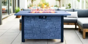 Enhance Outdoor Comfort with a 44" Propane Gas Fire Pit Table, High-Temperature Resistant, Cultured Stone Effect, Black Brown