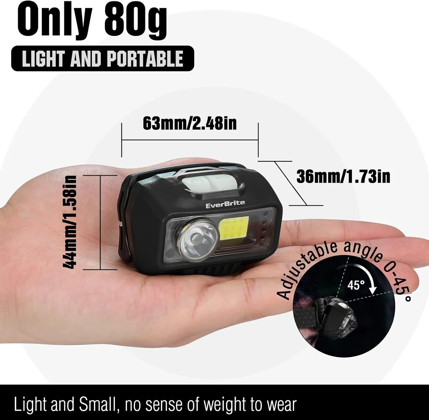 EverBrite Rechargeable Headlamp, LED Bright Motion Sensor Head Lamp Flashlight with 9 Modes, Adjustable Headlight for Adults Kids with White Red Light, Waterproof, Black, for Hiking, Running, Camping
