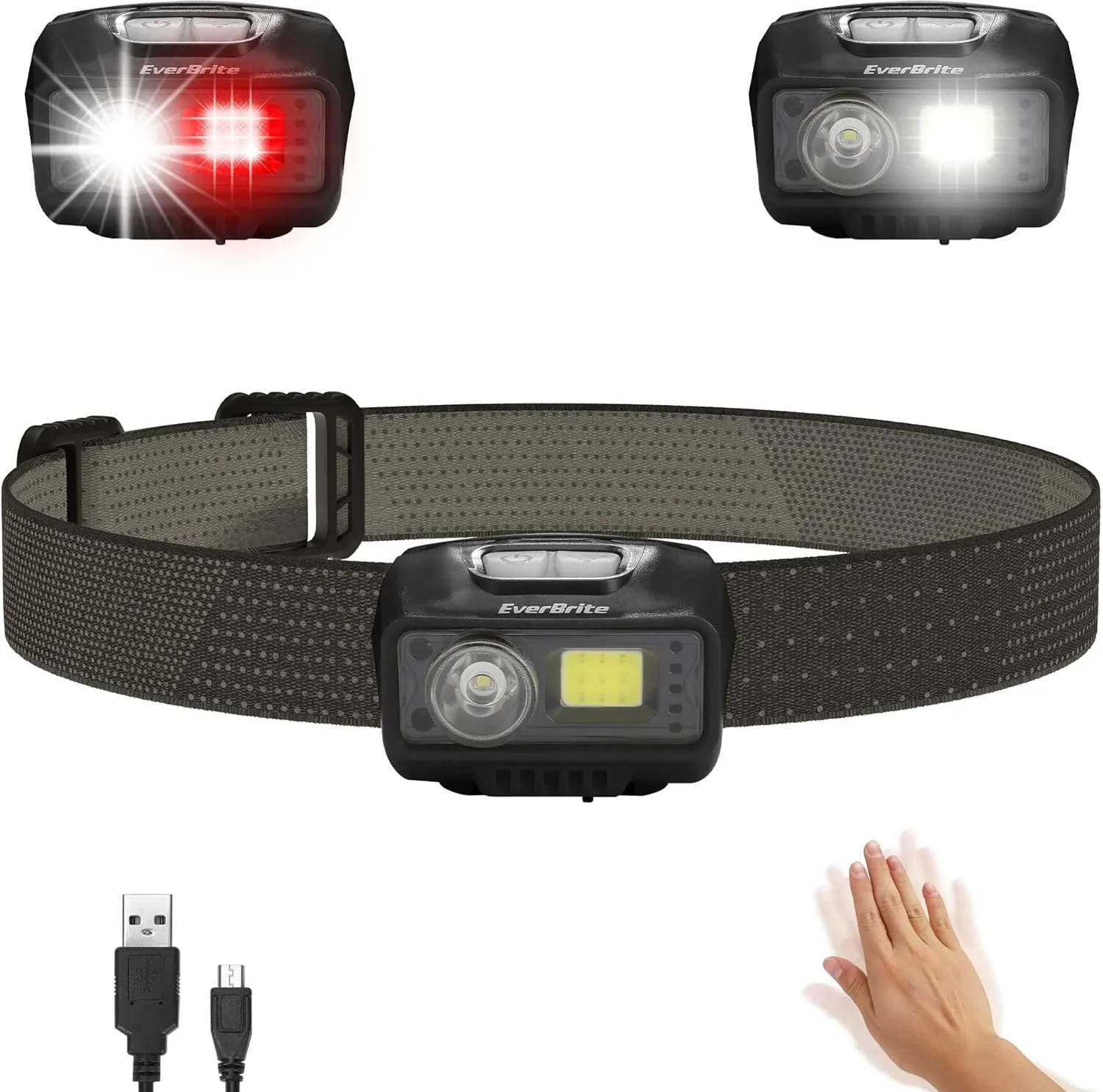EverBrite Rechargeable Headlamp, LED Bright Motion Sensor Head Lamp Flashlight with 9 Modes, Adjustable Headlight for Adults Kids with White Red Light, Waterproof, Black, for Hiking, Running, Camping