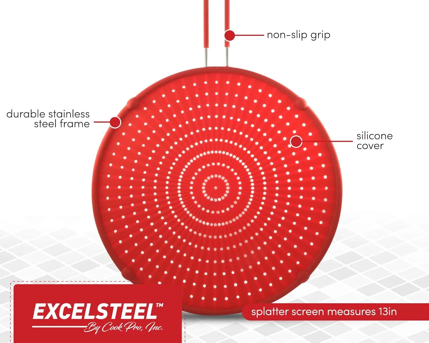 ExcelSteel 13" Silicone Splatter Screen w/Non-Slip Grip, Red