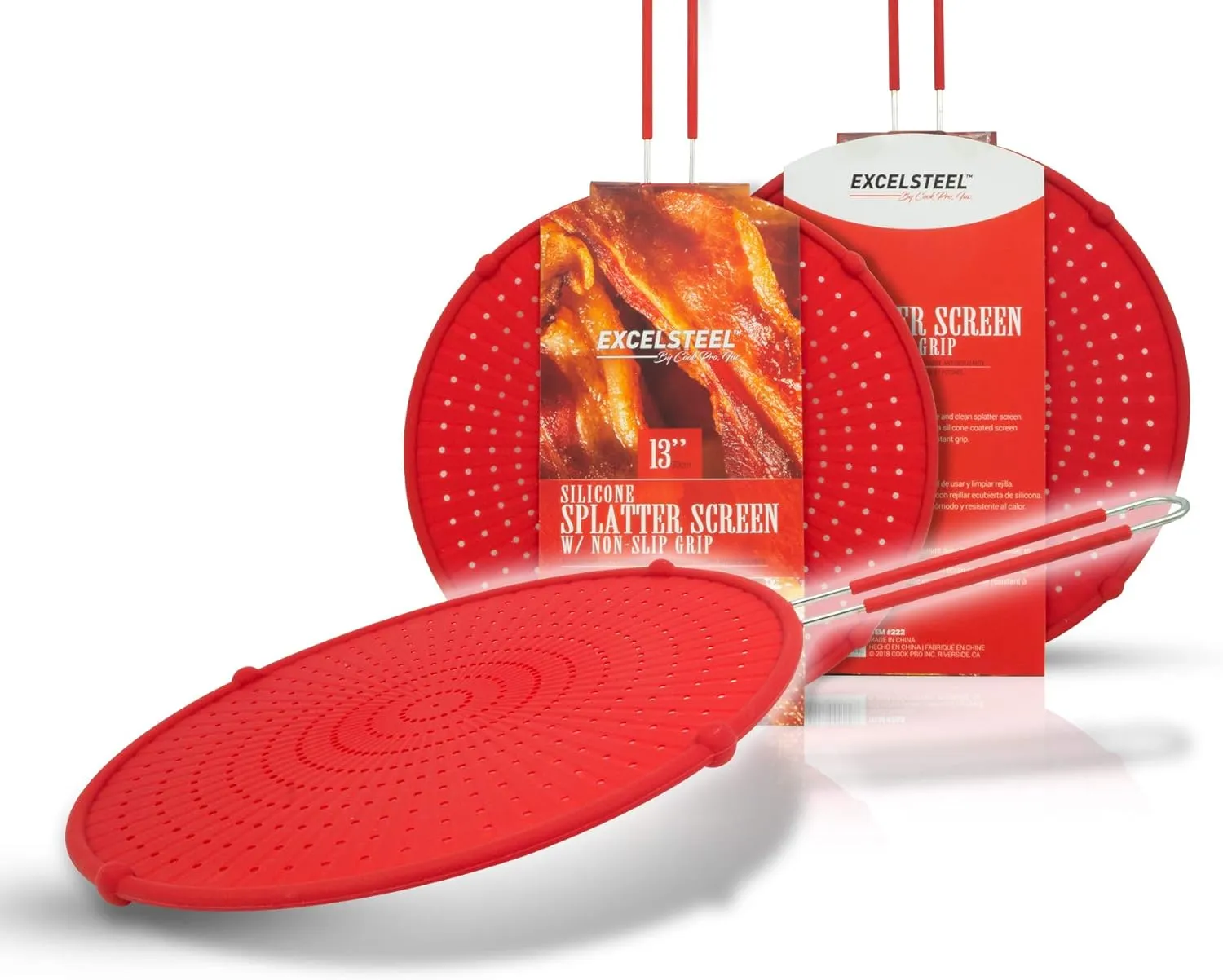 ExcelSteel 13" Silicone Splatter Screen w/Non-Slip Grip, Red