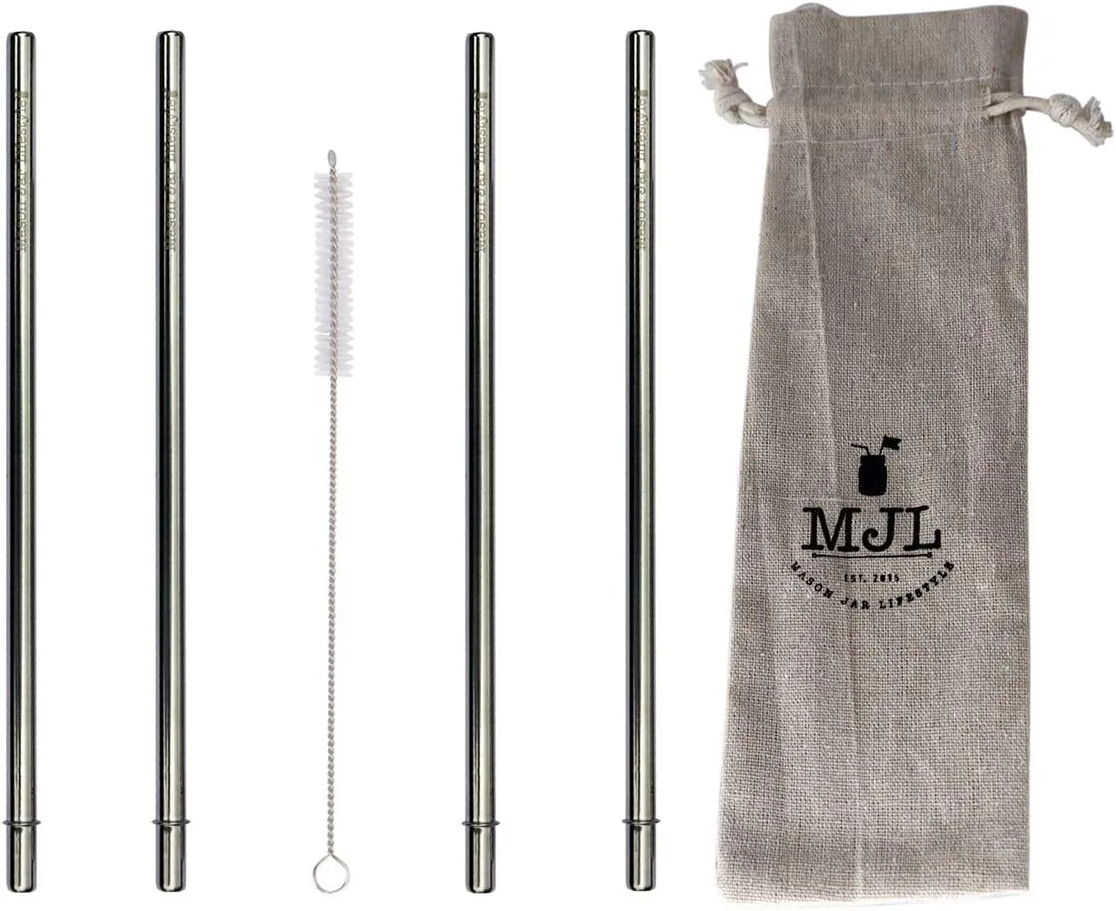 Extra Long Safer Rounded End Stainless Steel Metal Straws for Half Gallon (64oz) Mason Jars (4 Pack   Cleaning Brush   Bag)
